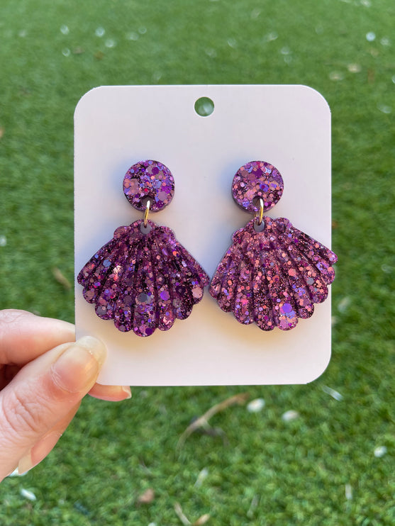 Clam Shell Glitter Earrings- Purple