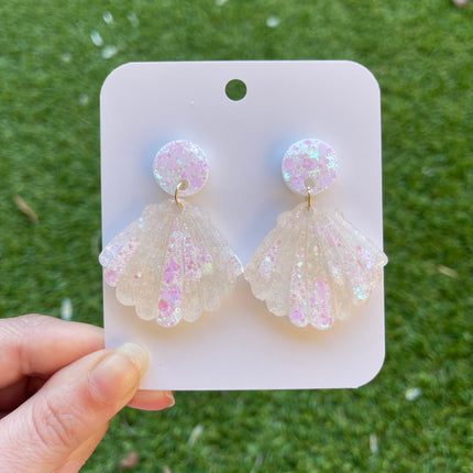 Clam Shell Glitter Earrings- White