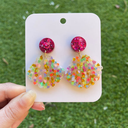 Clam Shell Glitter Earrings- Fuschia and Hearts