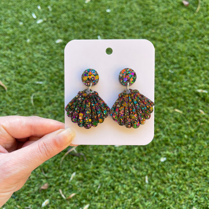 Clam Shell Glitter Earrings- Midnight Fireworks