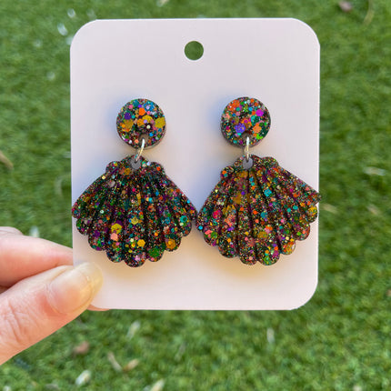 Clam Shell Glitter Earrings- Midnight Fireworks