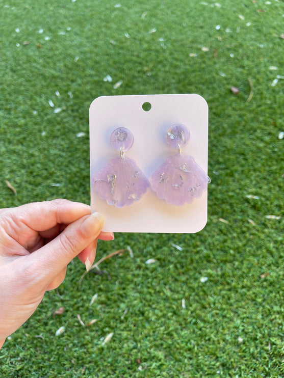 Clam Shell Glitter Earrings- Purple and Silver