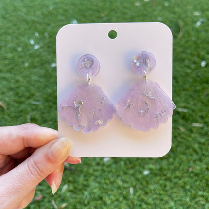 Clam Shell Glitter Earrings- Purple and Silver