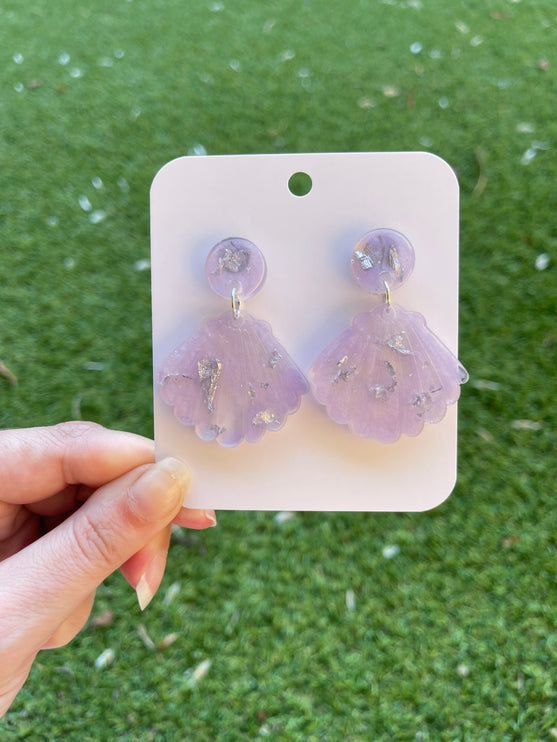 Clam Shell Glitter Earrings- Purple and Silver