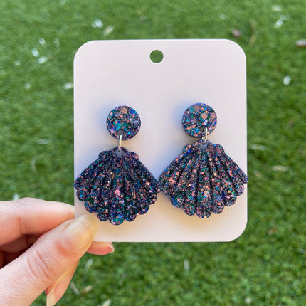 Clam Shell Glitter Earrings- Blue and Pink