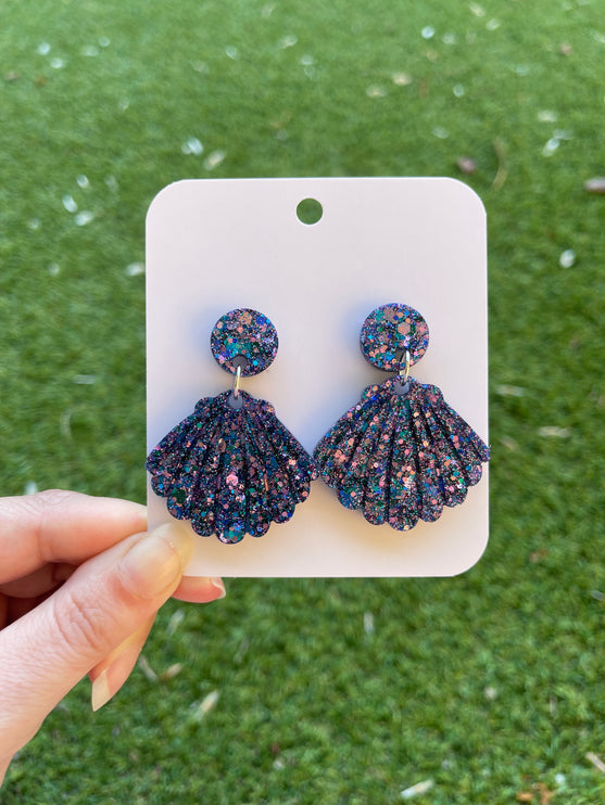 Clam Shell Glitter Earrings- Blue and Pink