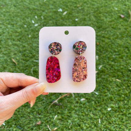 Mismatch Pink and Fuschia Pebble Glitter Earrings