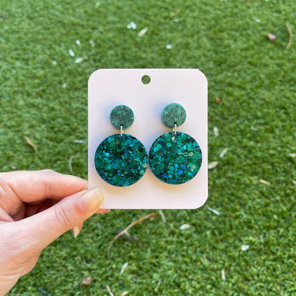 Double Circle Glitter Earrings- Emerald Matte