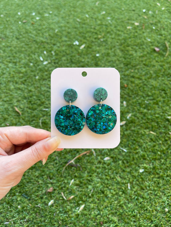 Double Circle Glitter Earrings- Emerald Matte