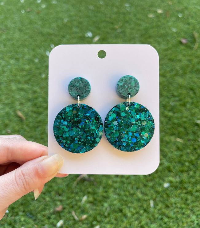 Double Circle Glitter Earrings- Emerald Matte