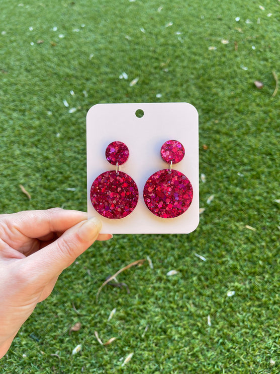 Double Circle Glitter Earrings- Fuchsia