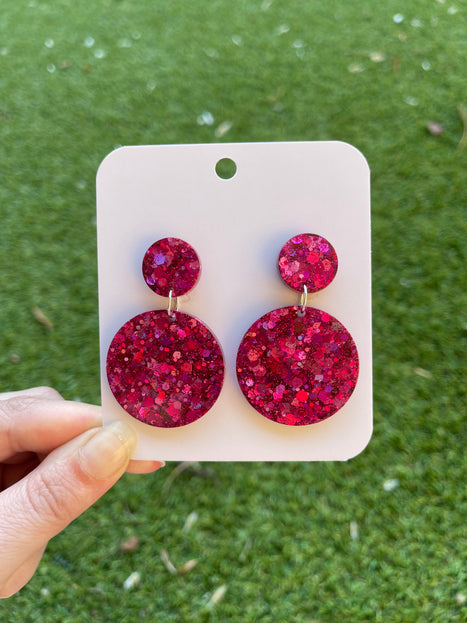 Double Circle Glitter Earrings- Fuchsia