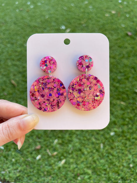 Double Circle Glitter Earrings- Bubblegum