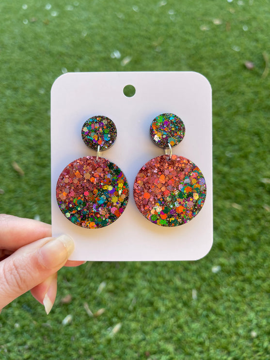 Double Circle Glitter Earrings- Midnight Fireworks