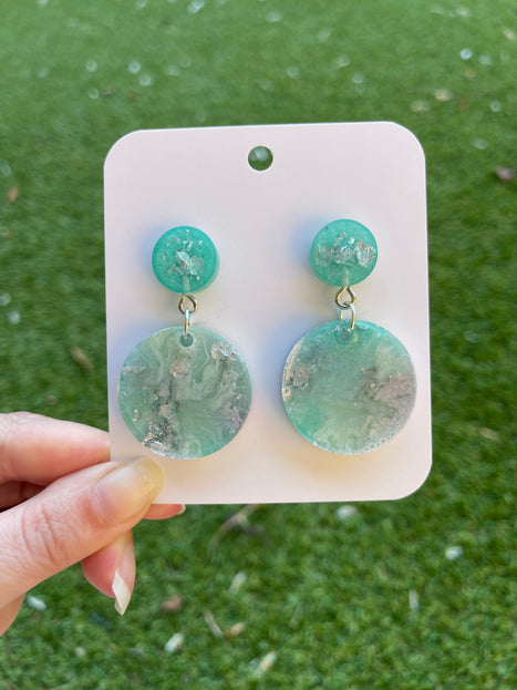 Double Circle Glitter Earrings- Mint and silver