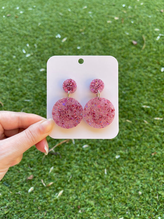 Double Circle Glitter Earrings- Pink Foils