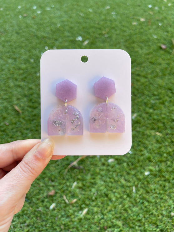 Hexagon Arch Glitter Earrings- Purple and Silver