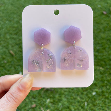 Hexagon Arch Glitter Earrings- Purple and Silver