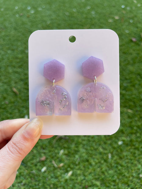 Hexagon Arch Glitter Earrings- Purple and Silver