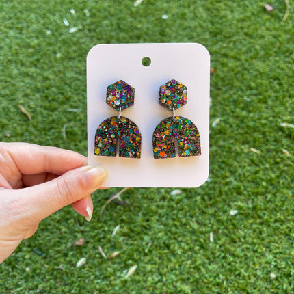 Hexagon Arch Glitter Earrings- Midnight Fireworks