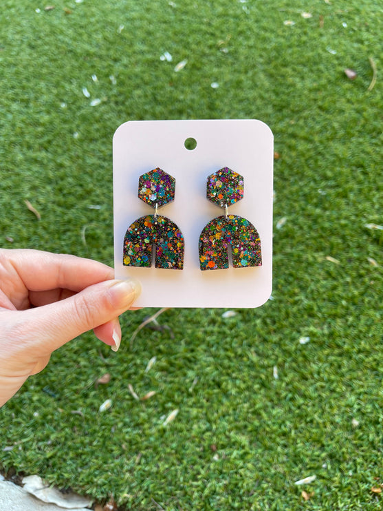 Hexagon Arch Glitter Earrings- Midnight Fireworks