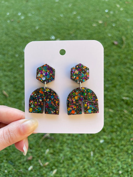 Hexagon Arch Glitter Earrings- Midnight Fireworks