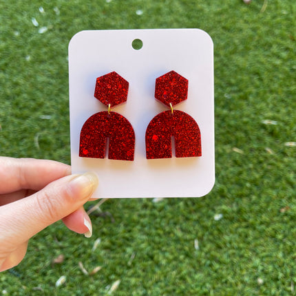 Hexagon Arch Glitter Earrings- Red