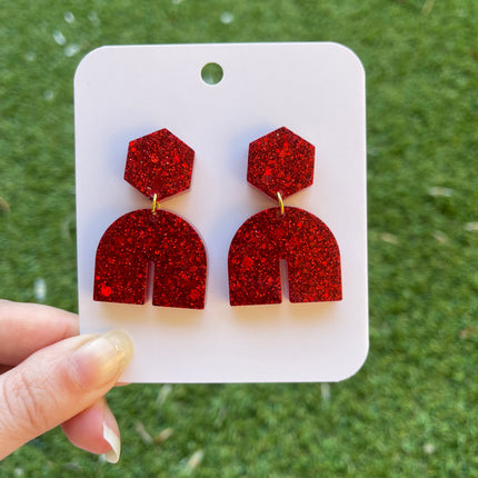 Hexagon Arch Glitter Earrings- Red