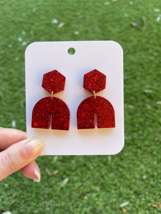 Hexagon Arch Glitter Earrings- Red
