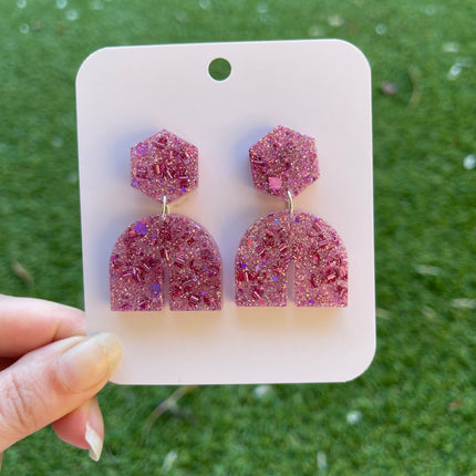 Hexagon Arch Glitter Earrings- Pink Foils