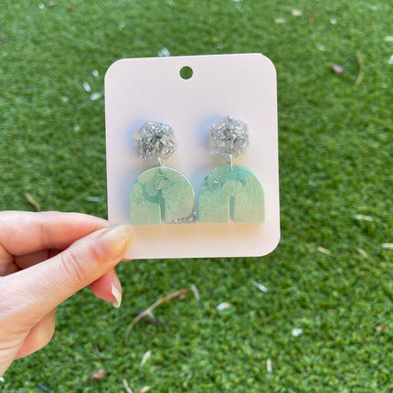 Hexagon Arch Glitter Earrings- Silver and Mint