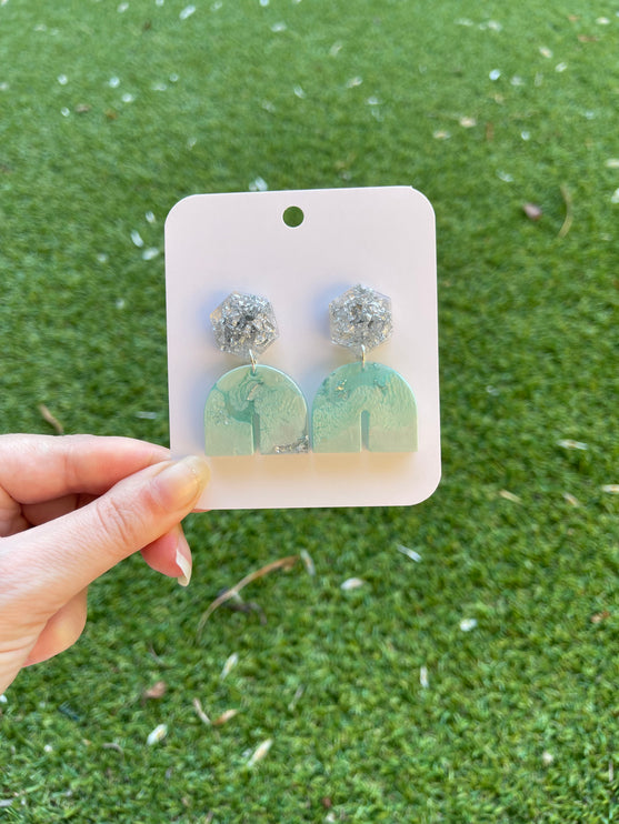 Hexagon Arch Glitter Earrings- Silver and Mint