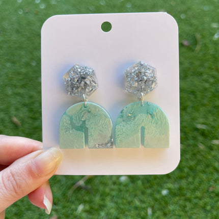 Hexagon Arch Glitter Earrings- Silver and Mint