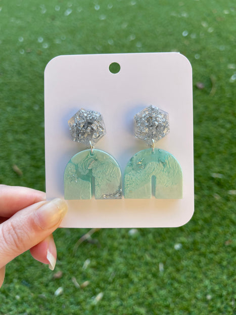 Hexagon Arch Glitter Earrings- Silver and Mint