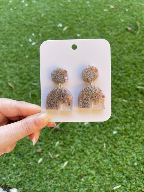 Hexagon Arch Glitter Earrings- Mauve and Gold