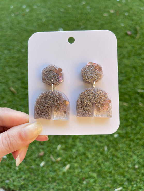 Hexagon Arch Glitter Earrings- Mauve and Gold