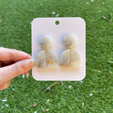 Hexagon Arch Glitter Earrings- White, grey and gold