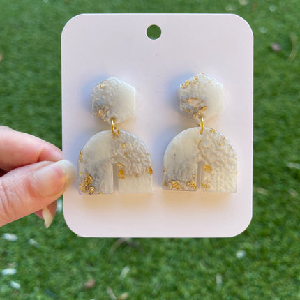 Hexagon Arch Glitter Earrings- White, grey and gold