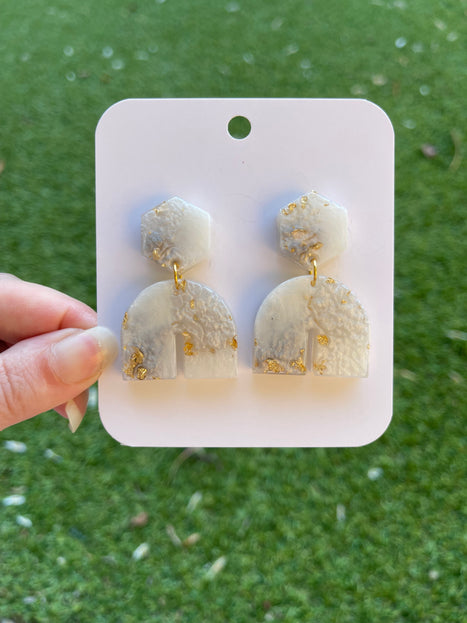 Hexagon Arch Glitter Earrings- White, grey and gold