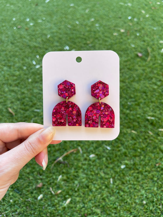 Hexagon Arch Glitter Earrings- Fuschia