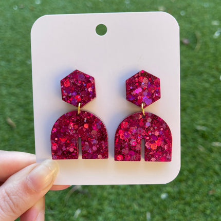 Hexagon Arch Glitter Earrings- Fuschia