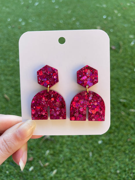 Hexagon Arch Glitter Earrings- Fuschia