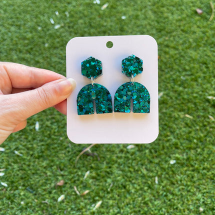Hexagon Arch Glitter Earrings- Emerald