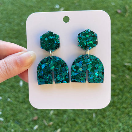 Hexagon Arch Glitter Earrings- Emerald