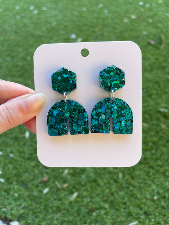 Hexagon Arch Glitter Earrings- Emerald