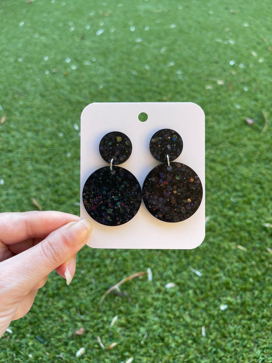 Large Circle Glitter Earrings- Black