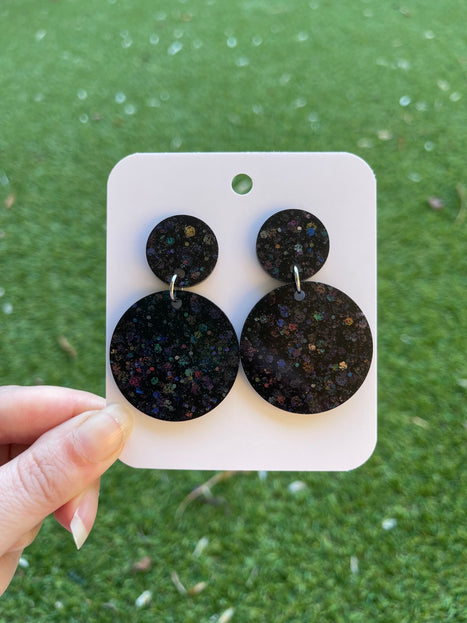 Large Circle Glitter Earrings- Black