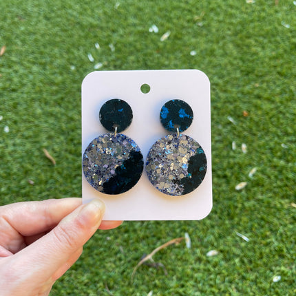 Large Circle Glitter Earrings- Navy and Blue