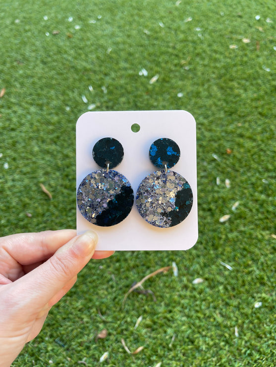 Large Circle Glitter Earrings- Navy and Blue