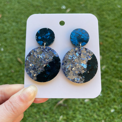 Large Circle Glitter Earrings- Navy and Blue